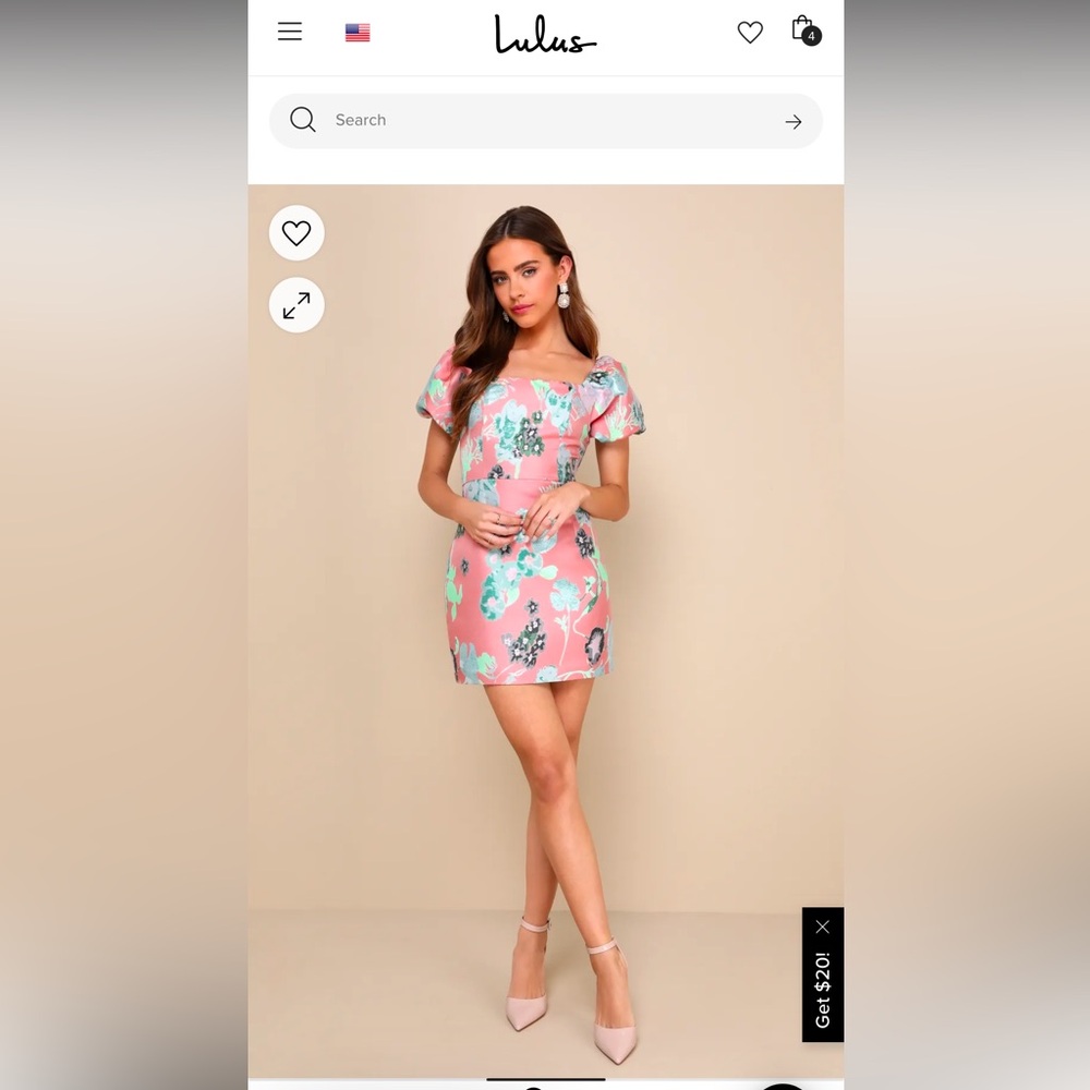 NWT Lulus So Stunning Mini Coral Pink Floral Jacquard Puff Sleeve Mini Dress Xlg